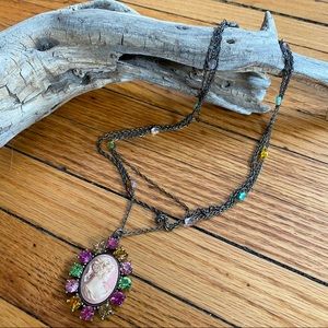 Cameo Pendant, Layered Chain Necklace, Rhinestone Accent, Victorian